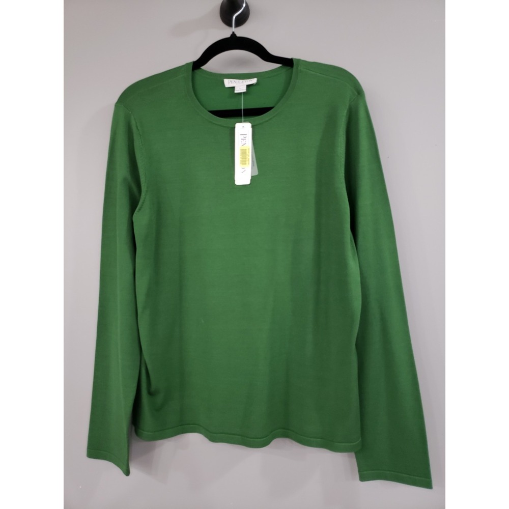 NEW $79 LARGE PETITE Pendleton Silk Blend Knit Top LONG SLEEVE SOLID GREEN BASIC